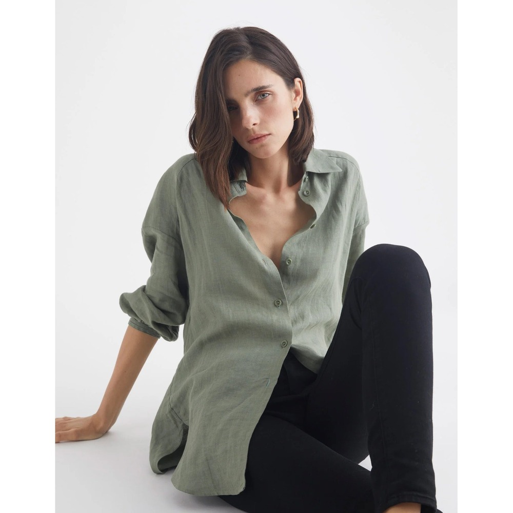 EIDYLLIA Women's Eva Oversized Button Down Shirt Green Linen- Size Small